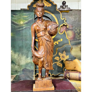Vintage Hand Carved Balinese Wood Sculpture Woman in Dress Bali Art Sculpture